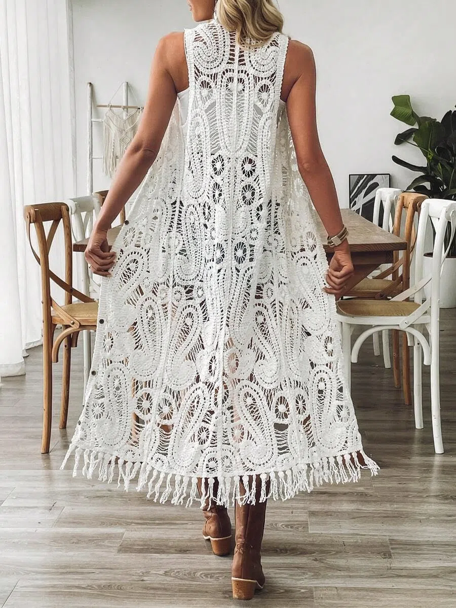 Gilet all'Uncinetto Boho Hippie Aperto sul Davanti con Bottoni, Senza Maniche, Lungo Abito Canotta con Nappa, Motivo Floreale, Cardigan Drappeggiato Traforato per Le Vacanze Estive al Mare