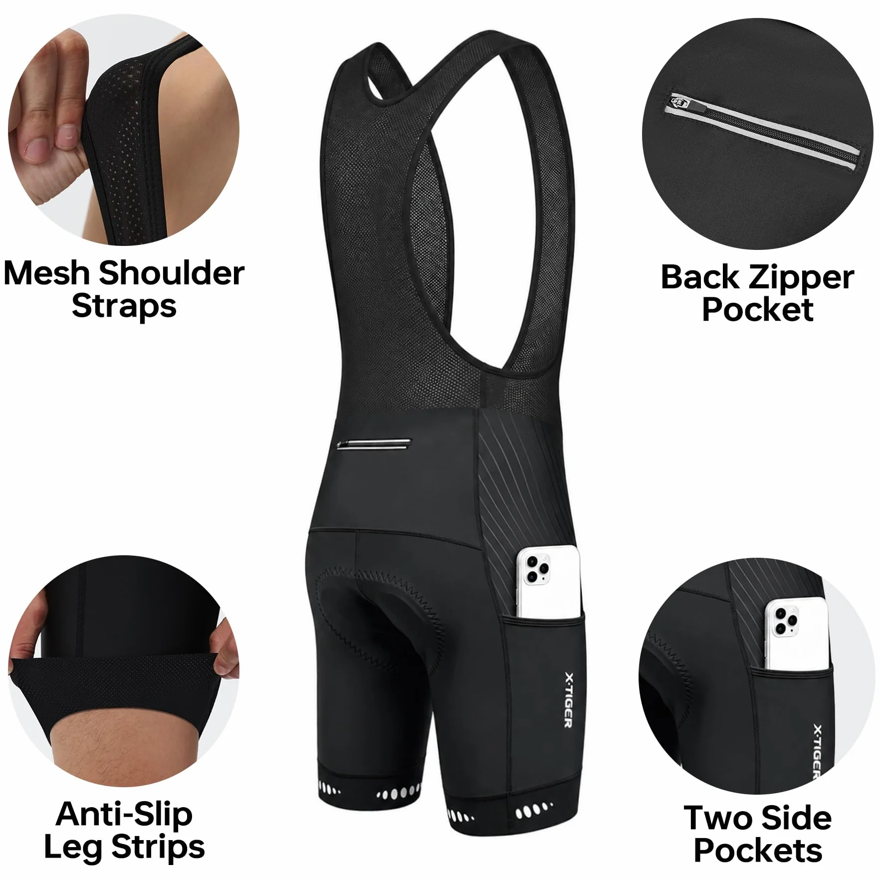 X-TIGER Salopette Ciclismo Uomo per MTB con Cuscino in Gel 5D 3 Tasche Traspirante e a Secco Rapido