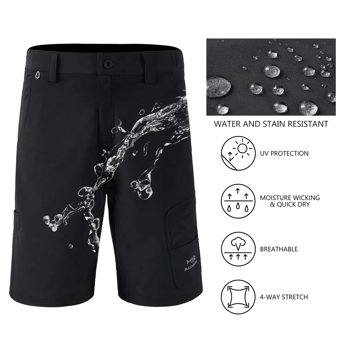 Bassdash FP01M 10.5" Pantaloncini Cargo da Pesca da Uomo Quick Dry UPF 50+ Resistenti all'Acqua