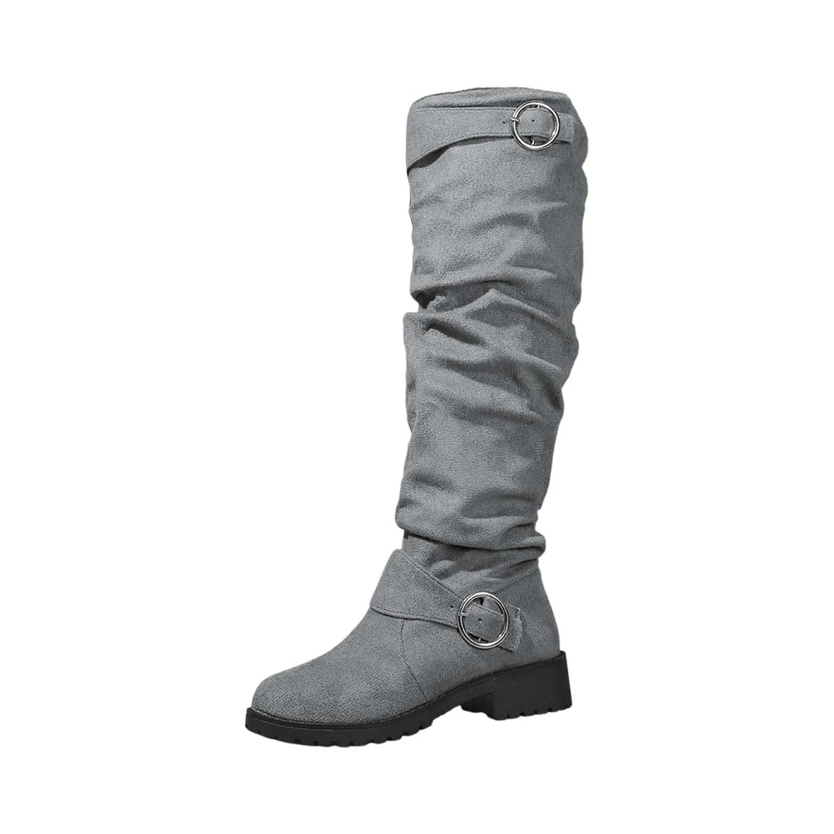 Stivali da cowboy da donna alti in pelle scamosciata, con tacco alto al ginocchio, con plateau, con fibbia, stile retrò, con tacco a blocco, suola profilata