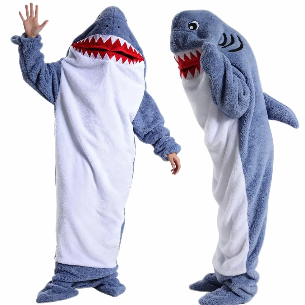 Squalo - Coperta con cappuccio con maniche S-XXL, sacco a pelo con cappuccio, in flanella, con cappuccio, per feste di cartone animato, per adulti e bambini