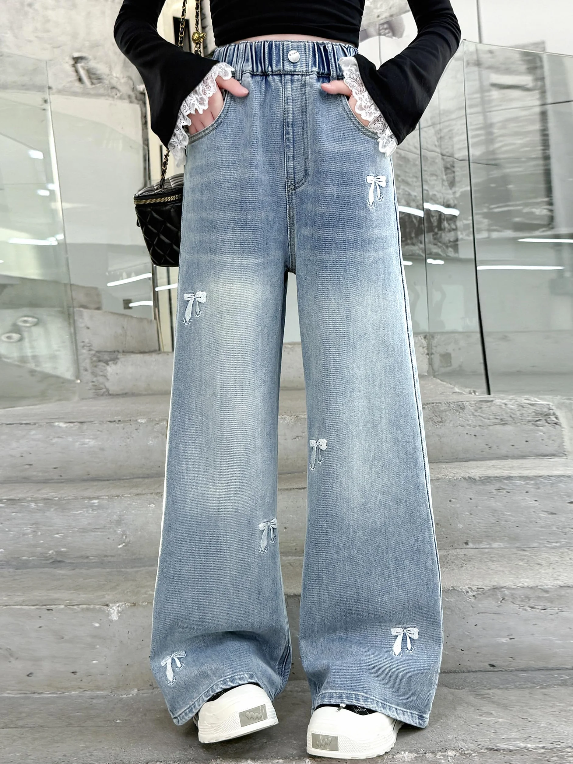 Rolanko Jeans Larghi per Ragazze, Vita Alta Elasticizzata Gamba Larga Pantaloni Denim Bootcut per Bambini 6-15 Anni