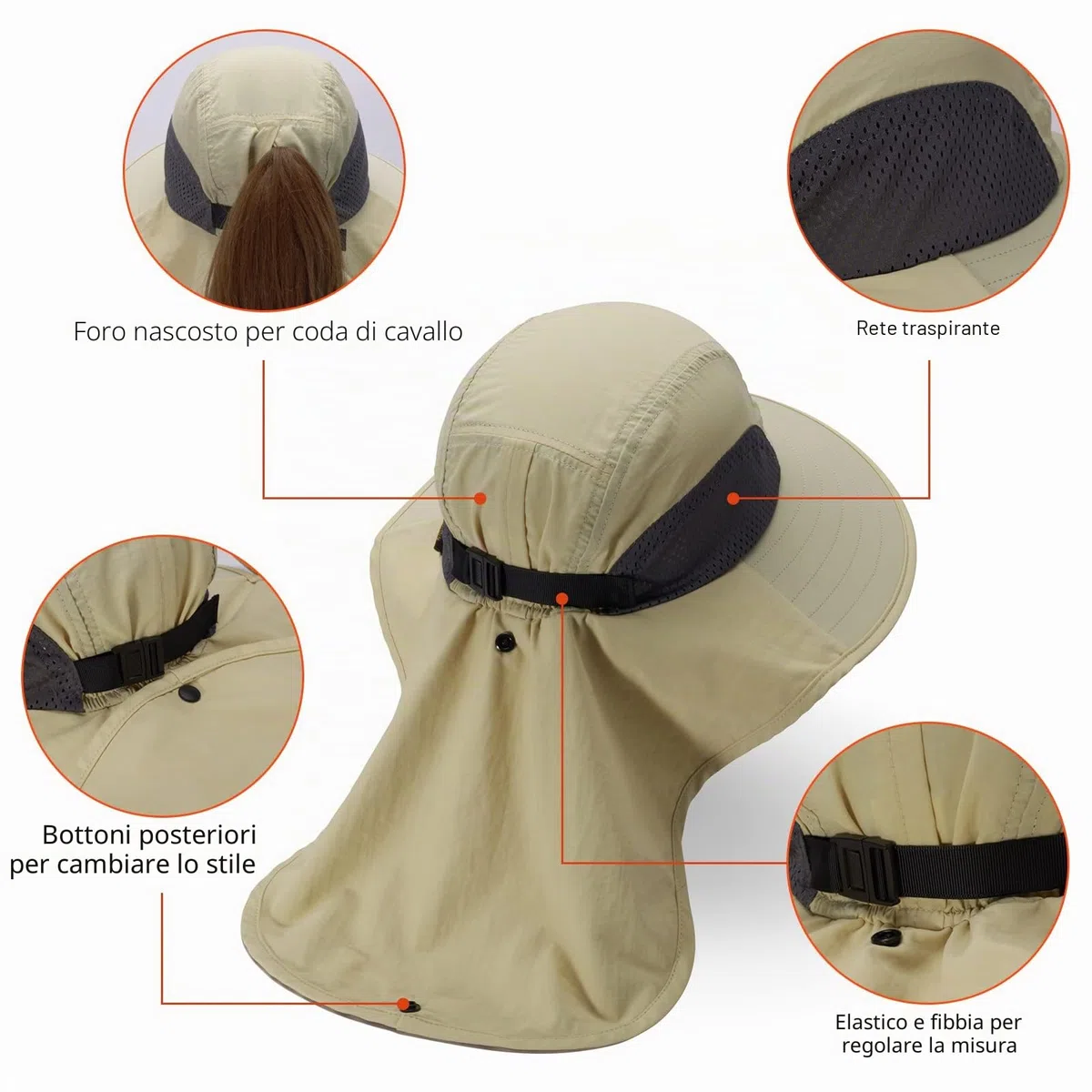 Bassdash Cappello da Sole Unisex UPF 50+ Cappello da Pesca Idrorepellente Tesa Larga con Ampia Protezione del Collo Coda di Cavallo Uomo Donna