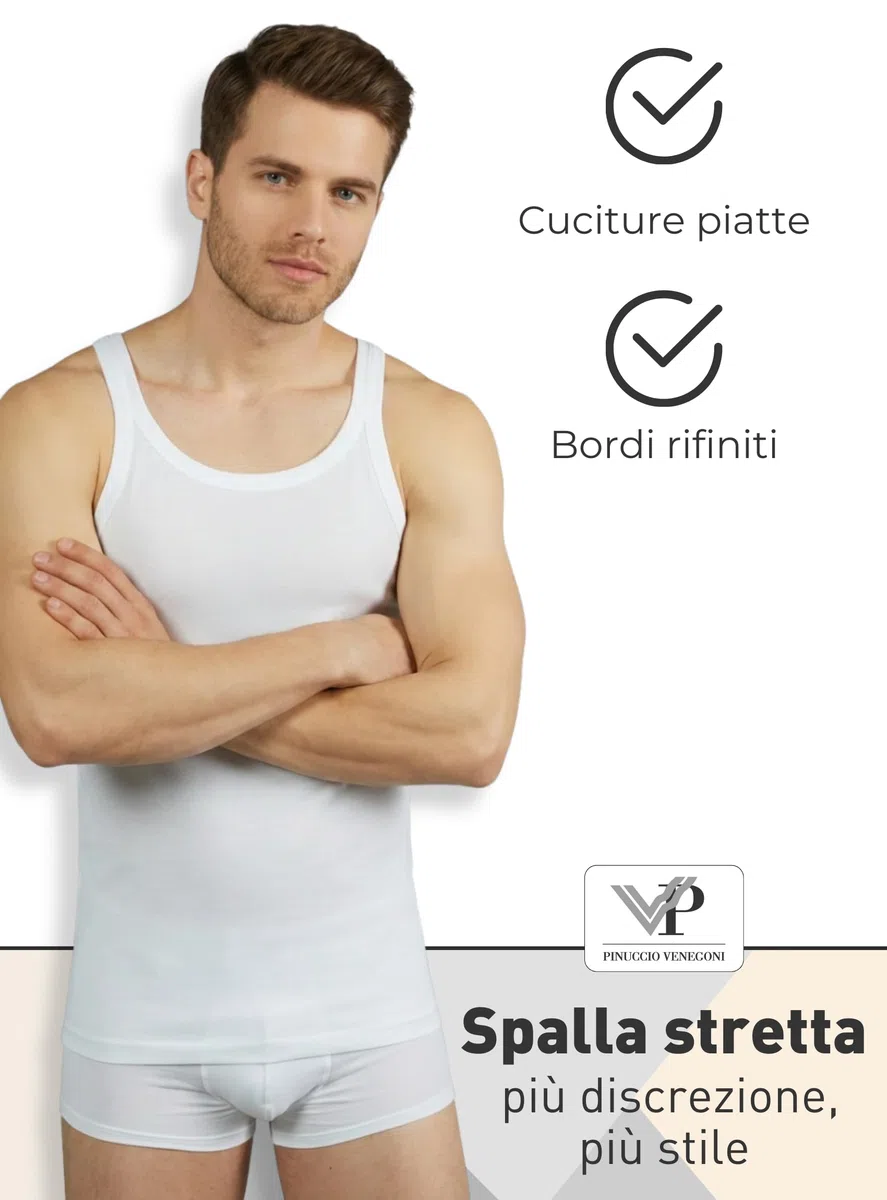 VP PINUCCIO VENEGONI Set 2 Canottiera Uomo Cotone Filo di Scozia Spalla Stretta | Canotta Uomo Bianca Intima, Cuciture Piatte, Filato Certificato, Traspirante, Lavabile in Lavatrice, Made in Italy