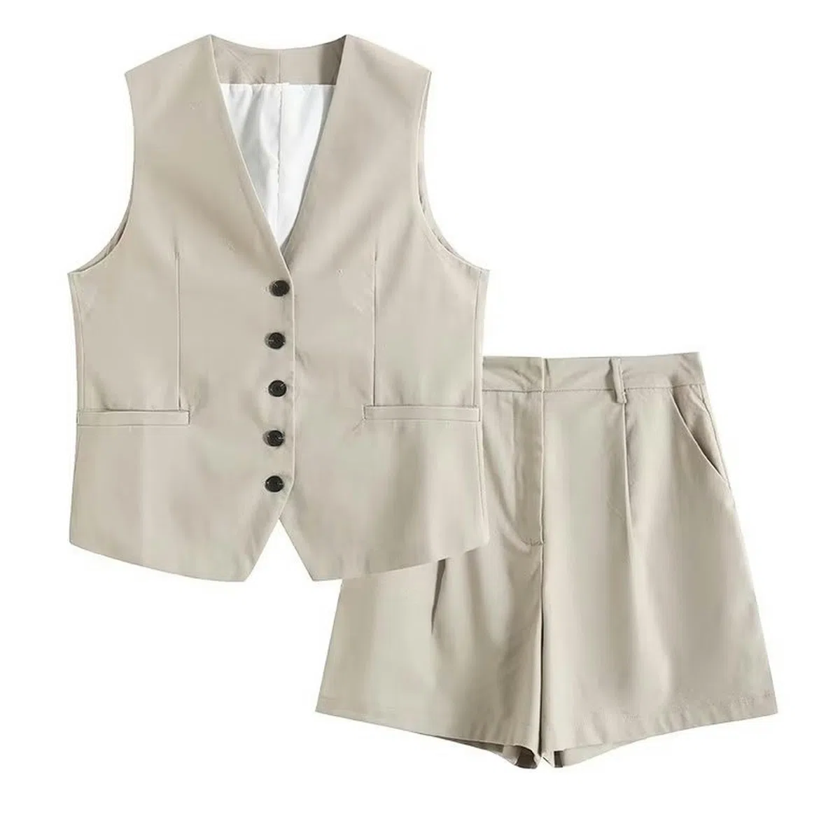 Set Gilet Casual Estivo Set Gilet Ampio in Misto Lino + Pantaloncini Set Donna-Abito Blu Navy A0-L
