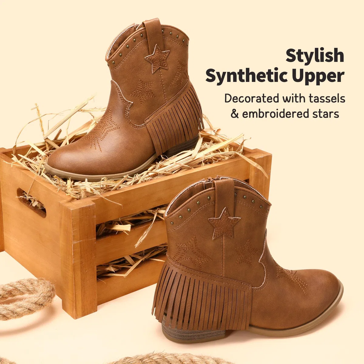 DREAM PAIRS Kids Stivaletti Western Cowboy Ragazze Scarpe Equitazione Cerniera Laterale e Nappa per Bambini Piccoli/Grandi Stivali