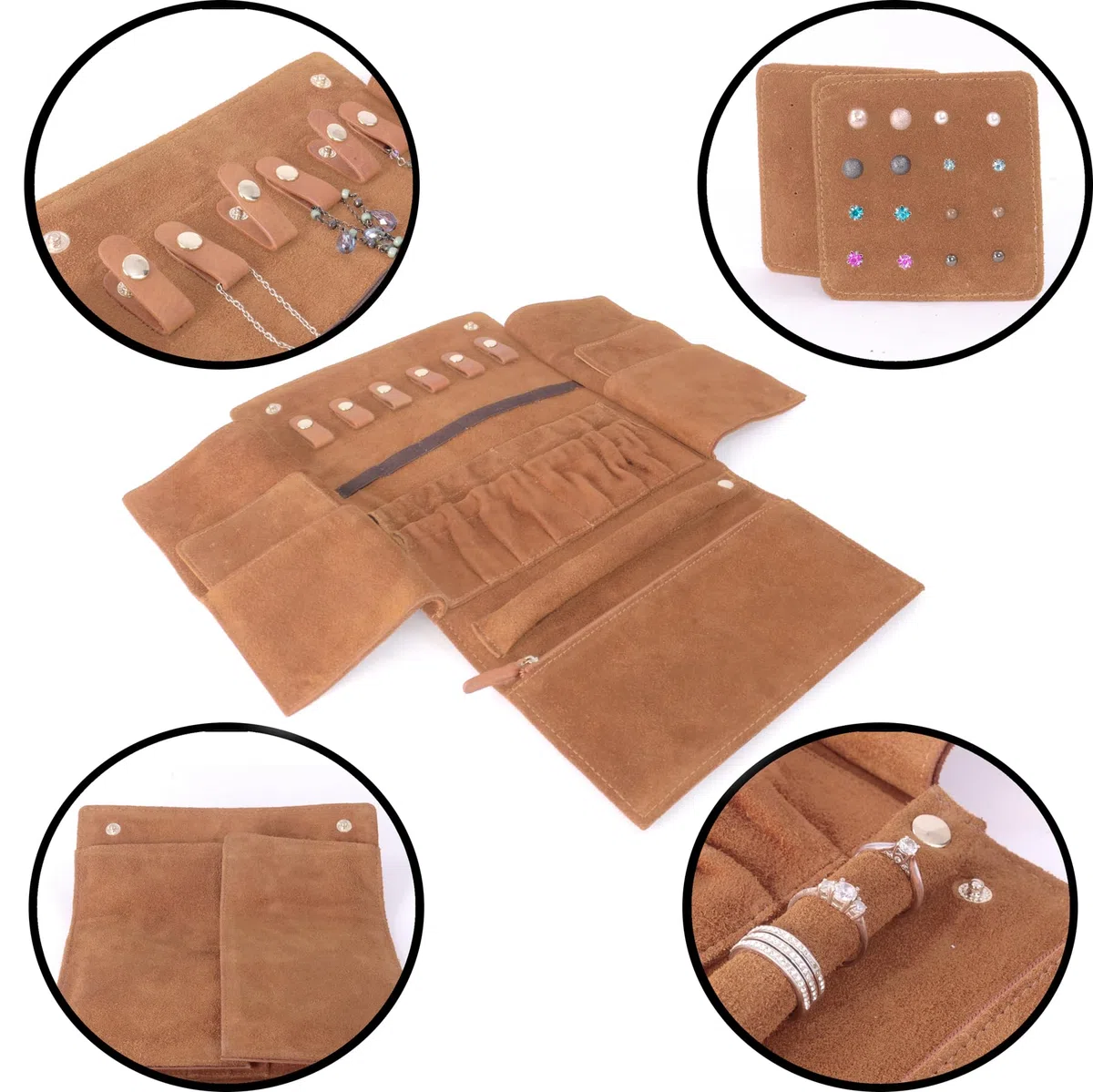 Catwalk Collection Handbags - Rotolo Portagioie Pelle Camoscio - Custodia Gioielli Viaggio Media/Grande - Confezione Regalo - Chanelle Marrone Chiaro