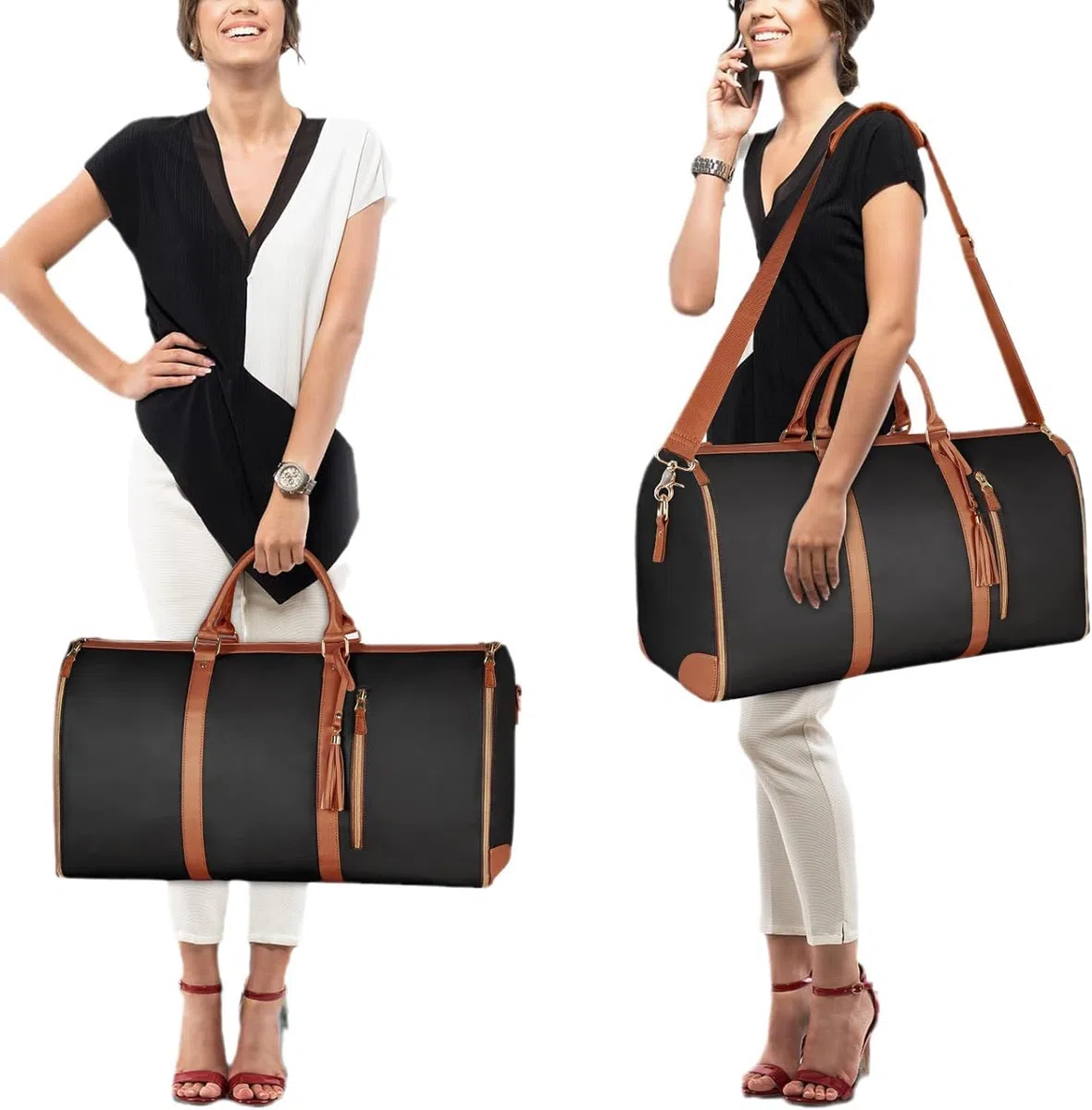 Borsa da Viaggio Foldable, Garment Duffle Bag, Convertibile per Donna con Pouch per Scarpe, Capacità Elevata in Pelle PU Folding Carry On (nero)