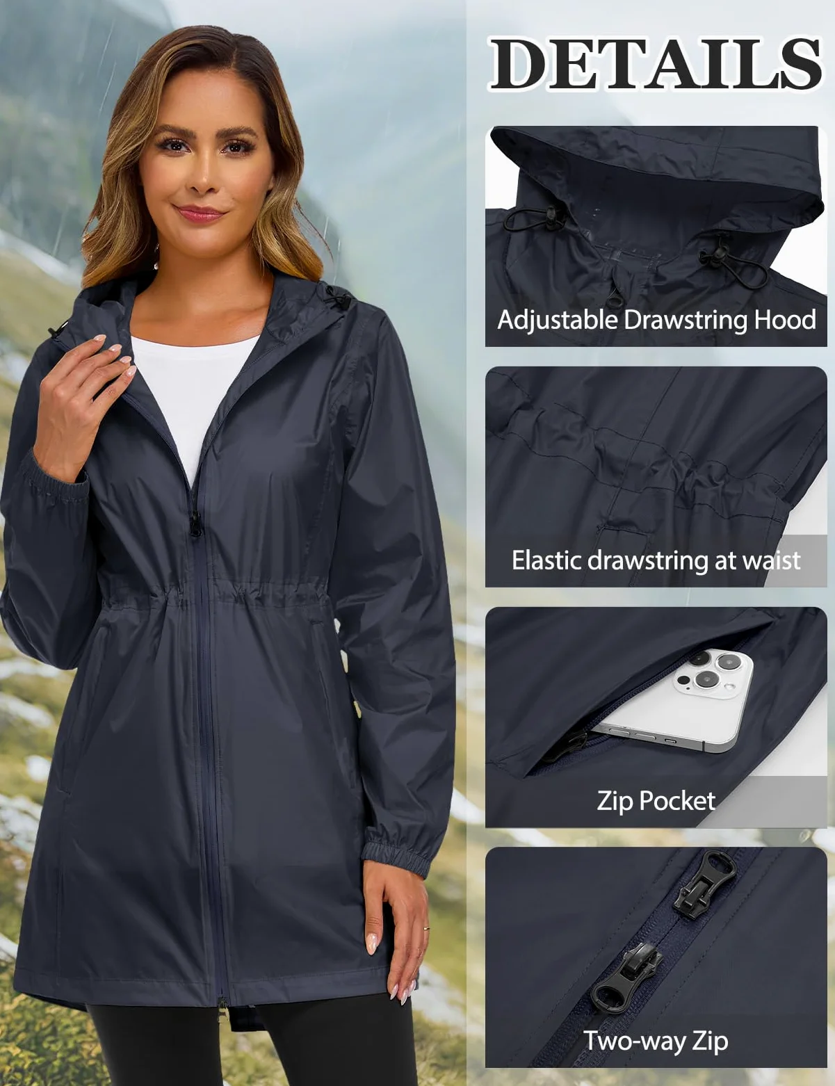Vancavoo Poncho Impermeabile Donna Giacca Antipioggia Lungo Mantella Giubbotto con Cappuccio Ideale per Campeggio all'aperto Escursionismo