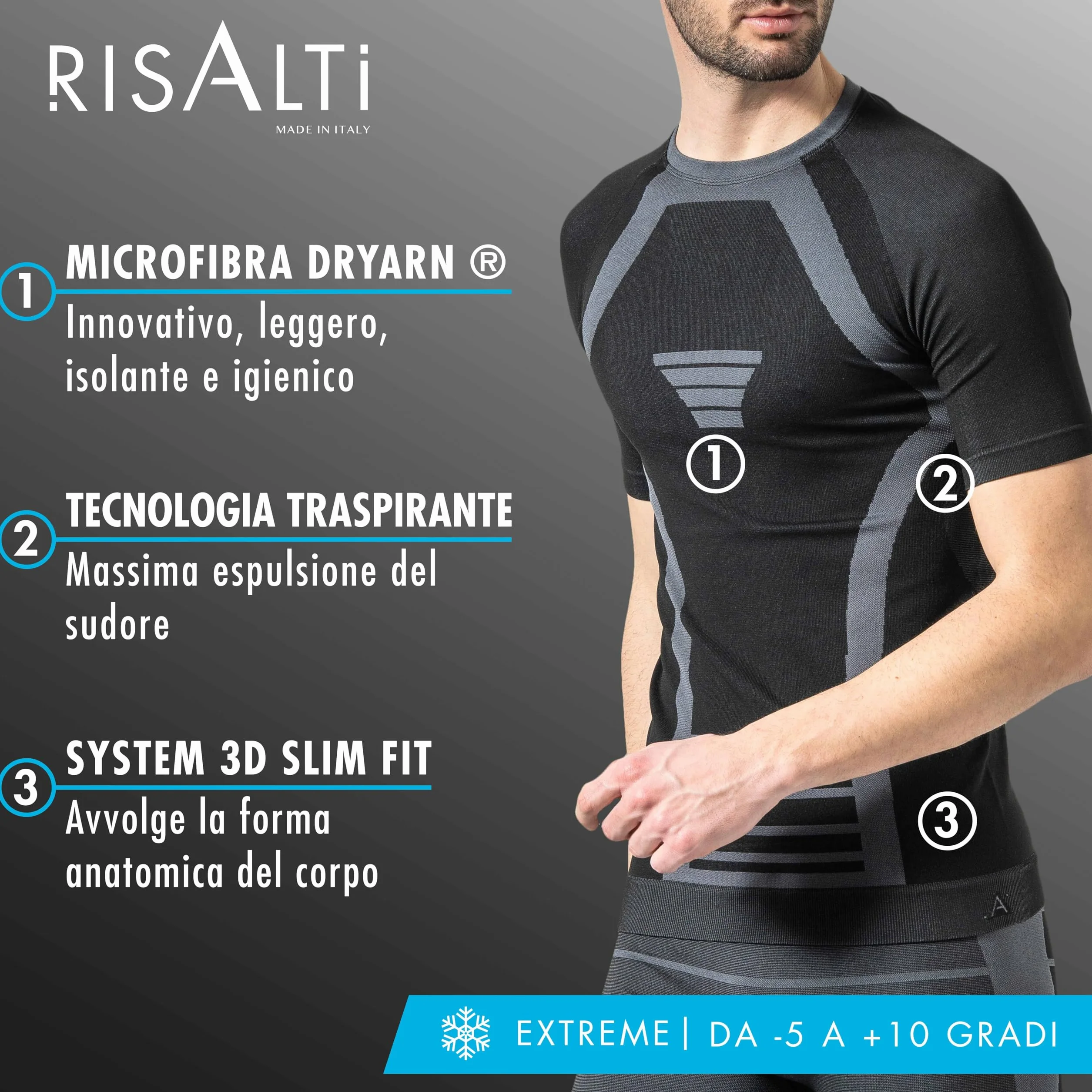 Risalti Maglia Termica Uomo e Donna Extreme Unisex - Intimo Termico Manica Corta Traspirante, Abbigliamento Termico Tecnico Invernale Senza Cuciture - Made in Italy