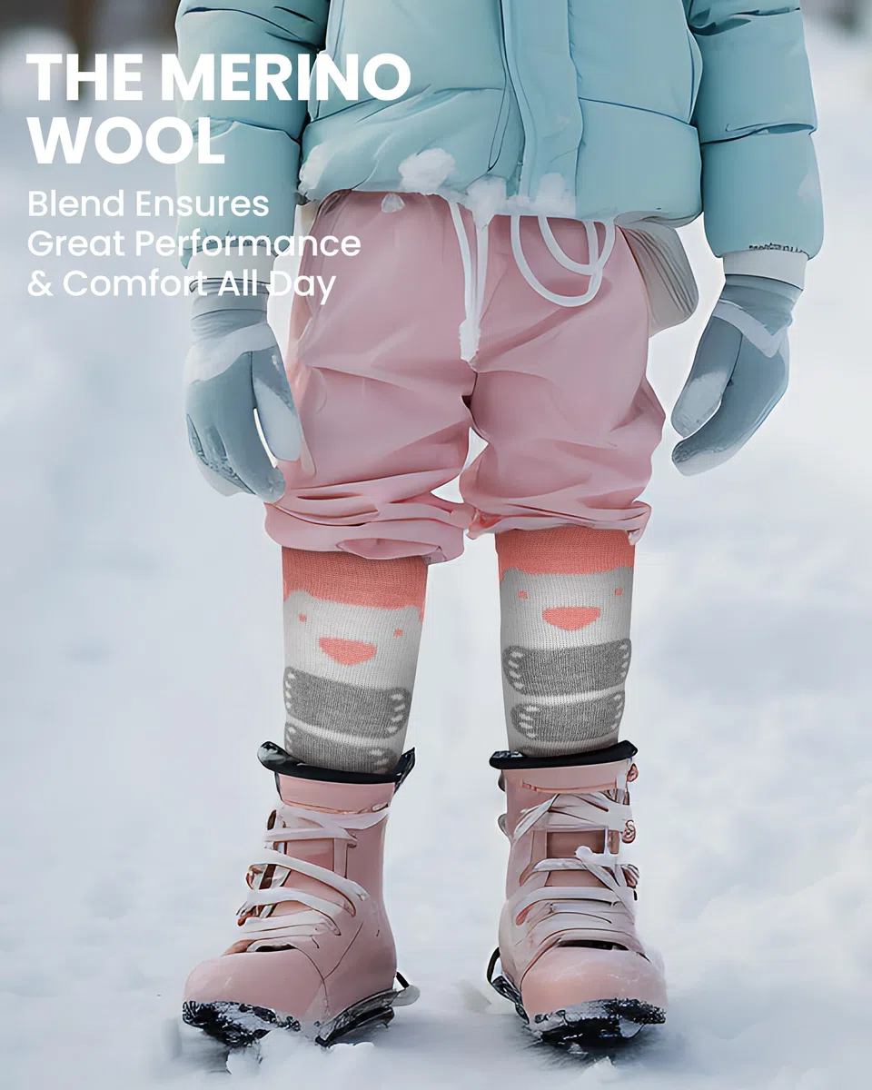 OutdoorMaster Calzini da Sci per Bambini, Confezione da 2 Calzini Termici a Compressione Invernale in Lana Merino con Ragazzi e Ragazze, Polsino Antiscivolo sopra Il Polpaccio per Sci, Snowboard