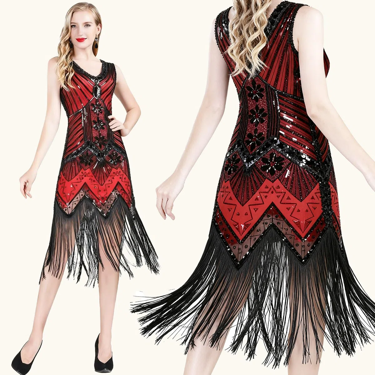ELECLAND Abito con frange con paillettes con scollo a V anni '20 e set di accessori anni '20
