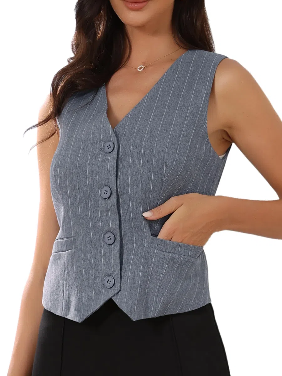 Allegra K Gilet Blazer Donna a Righe con Scollo a V e Bottoni Elegante e Completamente Foderato