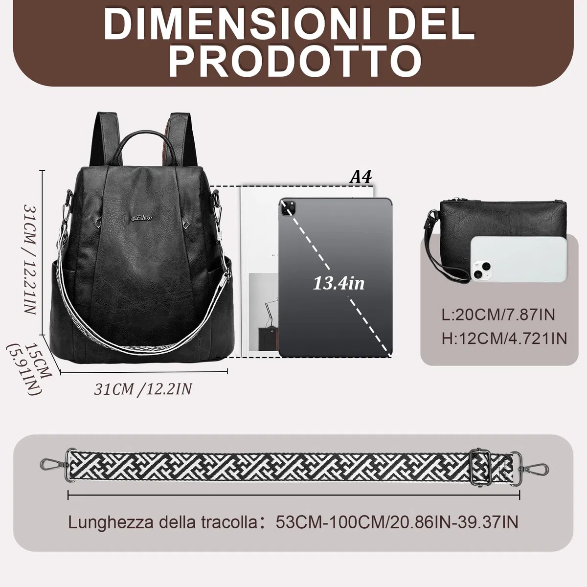 Eshow Zaino Donna Antifurto e Pochette Donna, Zainetto Impermeabile in Pelle Vegana, Borsa Casual ed Moda per Viaggio Scuola Lavoro Shopping e Università