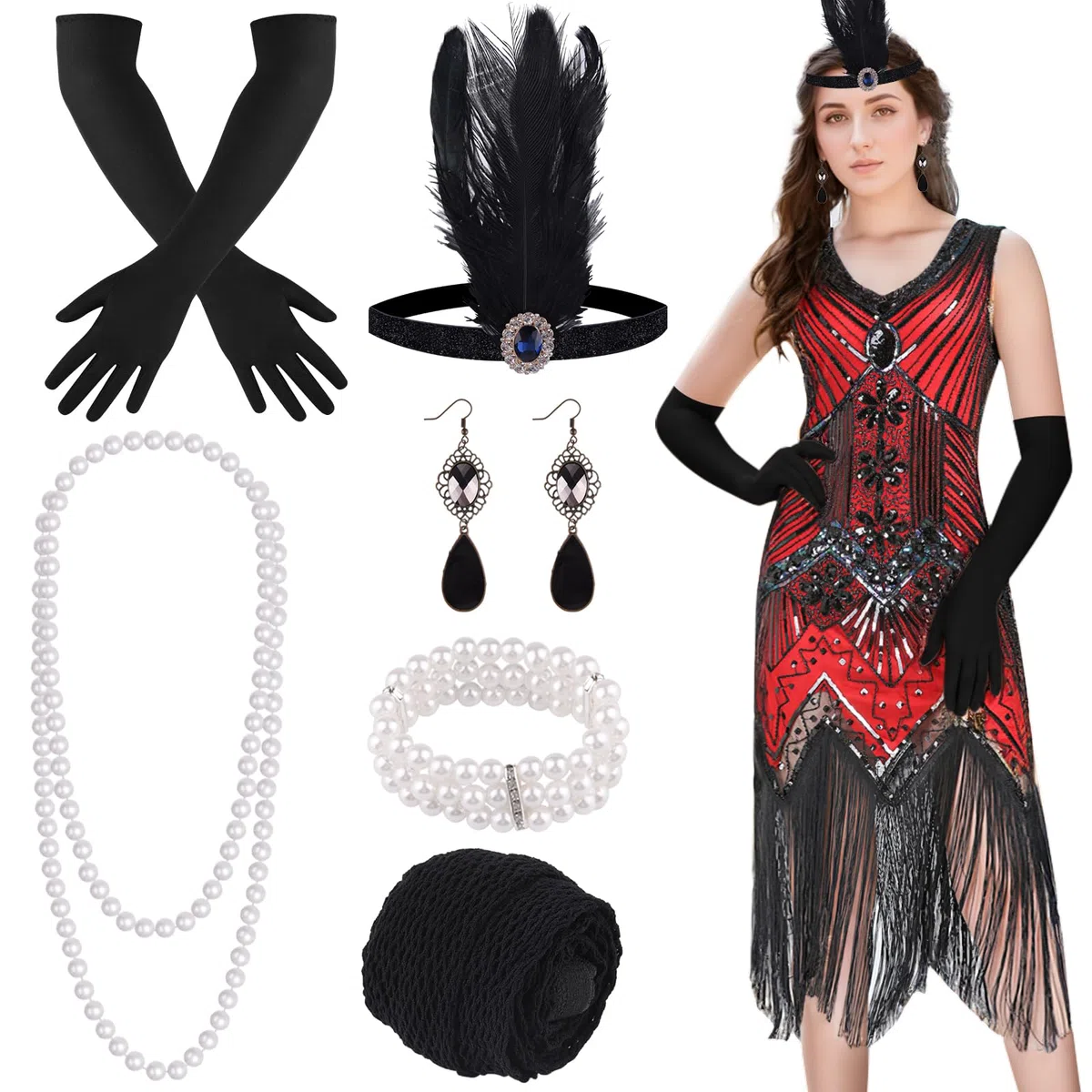 ELECLAND Abito con frange con paillettes con scollo a V anni '20 e set di accessori anni '20