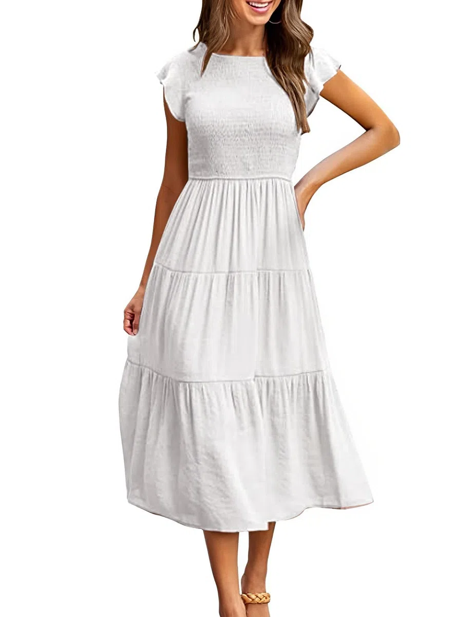CMTOP Vestito Donna Estivo Abito Lungo Estivo Girocollo Scollo Vestiti con Manica a Volant Casuale Vita Elastica Abiti da Mare Spiaggia Eleganti Tinta Unita Abito di Linea A