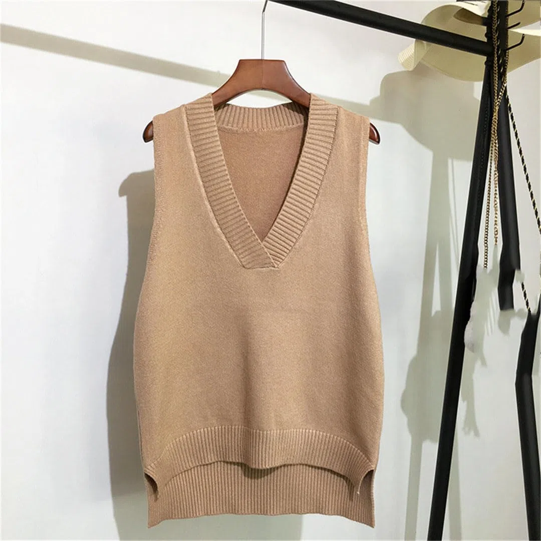 Maglione da donna semplice con scollo a V retrò gilet lavorato a maglia maglione sciolto senza maniche camicia di fondo pullover gilet casual