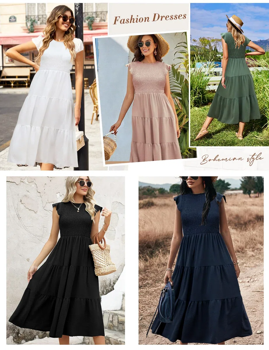 CMTOP Vestito Donna Estivo Abito Lungo Estivo Girocollo Scollo Vestiti con Manica a Volant Casuale Vita Elastica Abiti da Mare Spiaggia Eleganti Tinta Unita Abito di Linea A