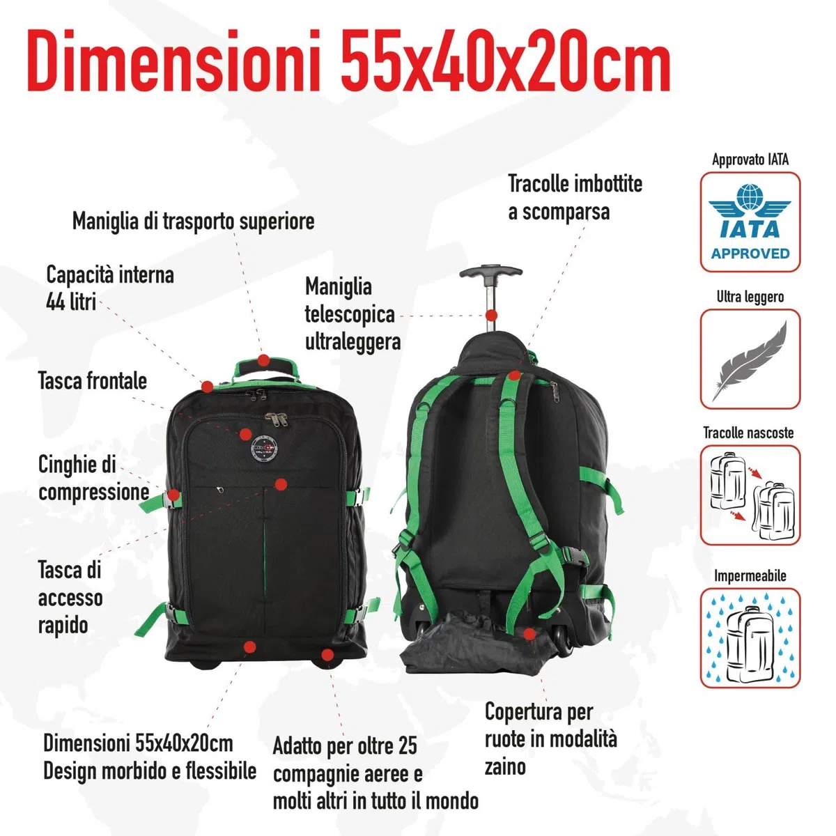 Cabin GO 5525 trolley Tracolle a Scomparsa - Zaino bagaglio a mano/cabina da viaggio leggero - 55 x 40 x 20 cm, 44 litri - con ruote