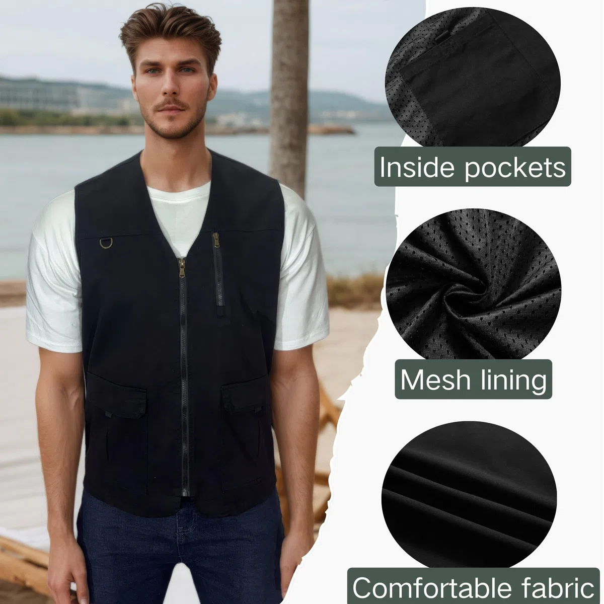 Gilet da Pesca da Uomo Casual Sport Giubbotto Leggero Cotone Gilet Multi-Tasche Senza Maniche Asciugatura Gilet Rapida Lavoro Giubbino per Safari Campeggio Gilet