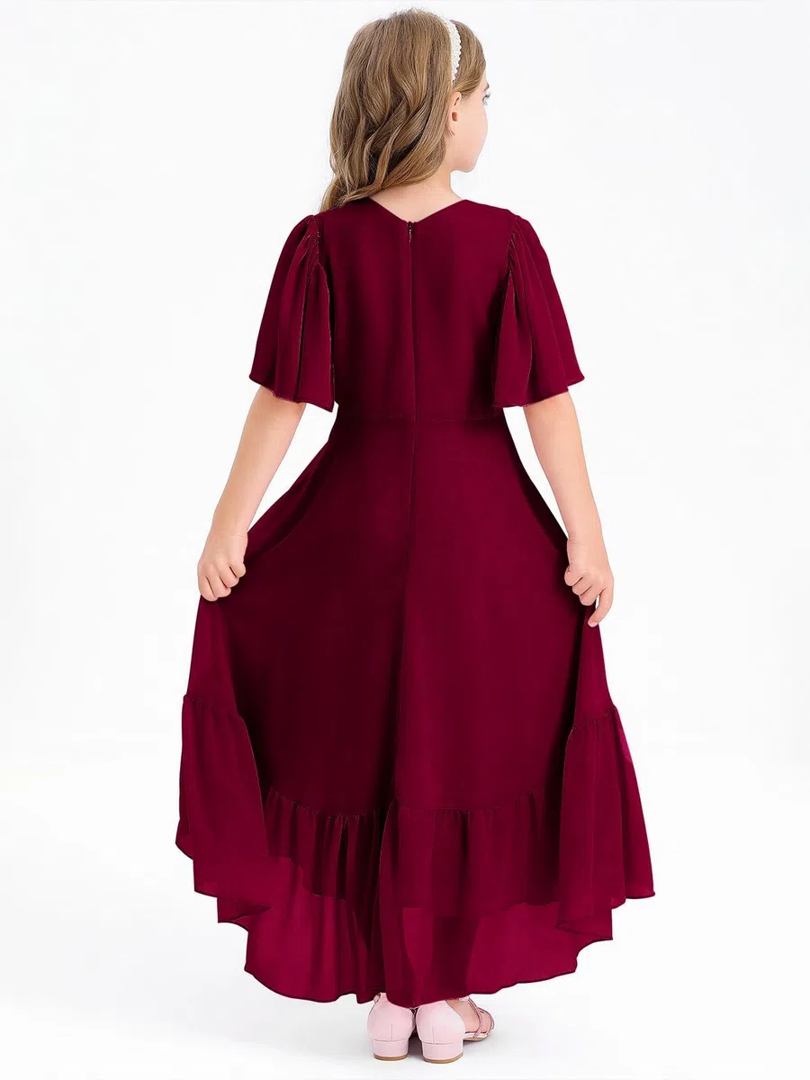 Haloumoning Abito estivo da ragazza, con scollo a V, con volant, casual, a linea, flowy, alto, basso, lungo, elegante, abito da sera lungo