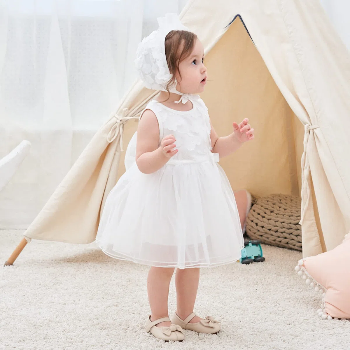 famuka Abiti da Bambina Abito da Battesimo Abito da Sposa Abiti da Battesimo di Compleanno per Matrimoni Principessa (6 Mesi, Bianco)