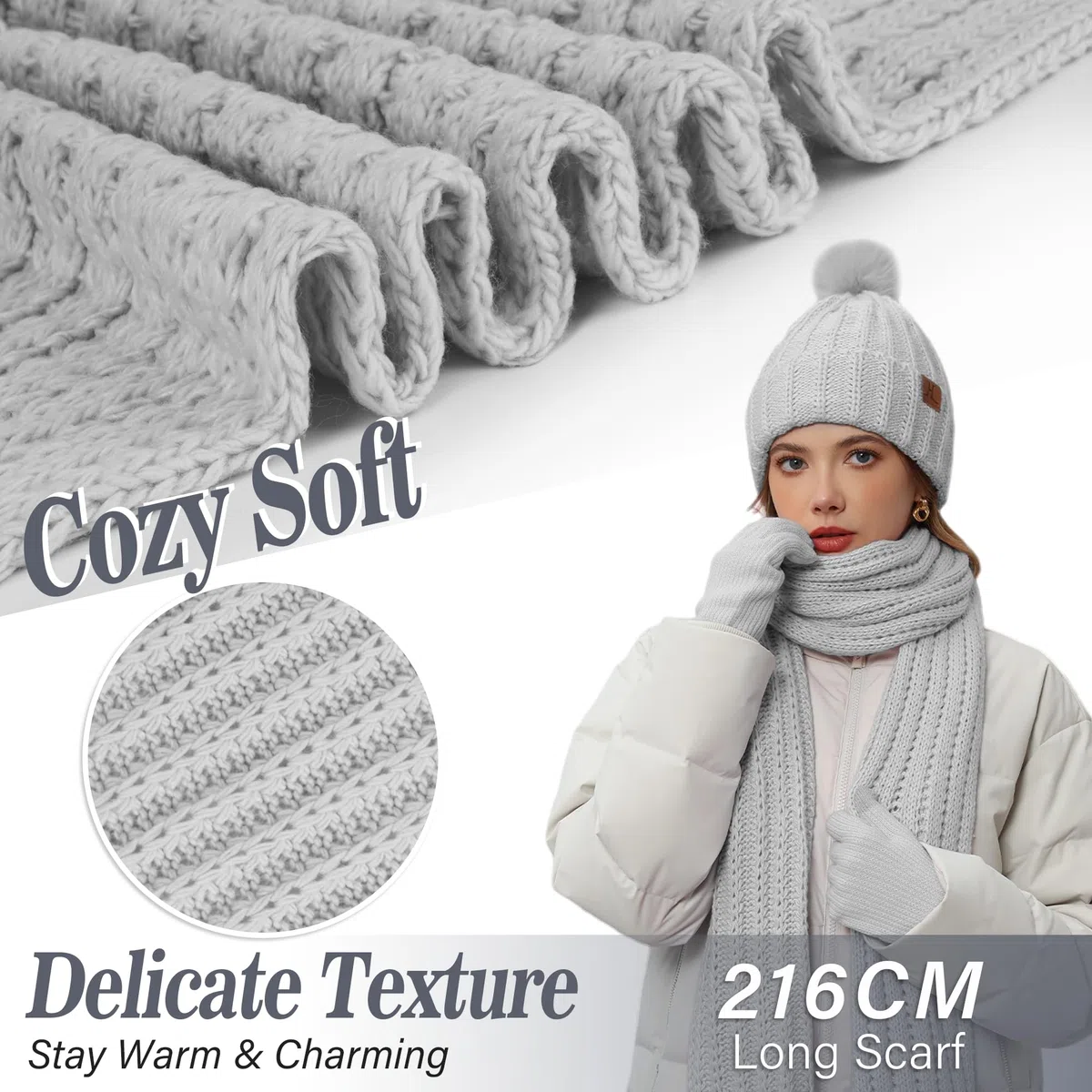 ZASFOU Donna Cappello Invernale Sciarpa Guanti Touch Screen Set Caldo Maglia a Trecce Pompon Maglia Berretto Cappelli Pile Foderati Scaldacollo Guanto Regalo Donna