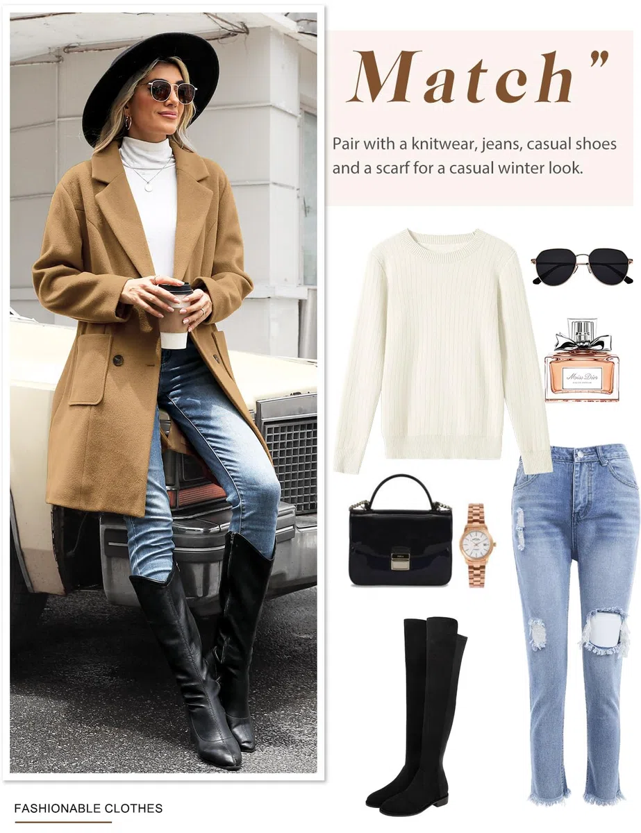 Yuson Girl Cappotto Donna Lungo Elegante Cappotti Lana Autunno e Invernale Cappottino in Lana Caldo Giacca Cardigan Doppiopetto Trench Coat Media Lunghezza Jacket Parka con Tasche