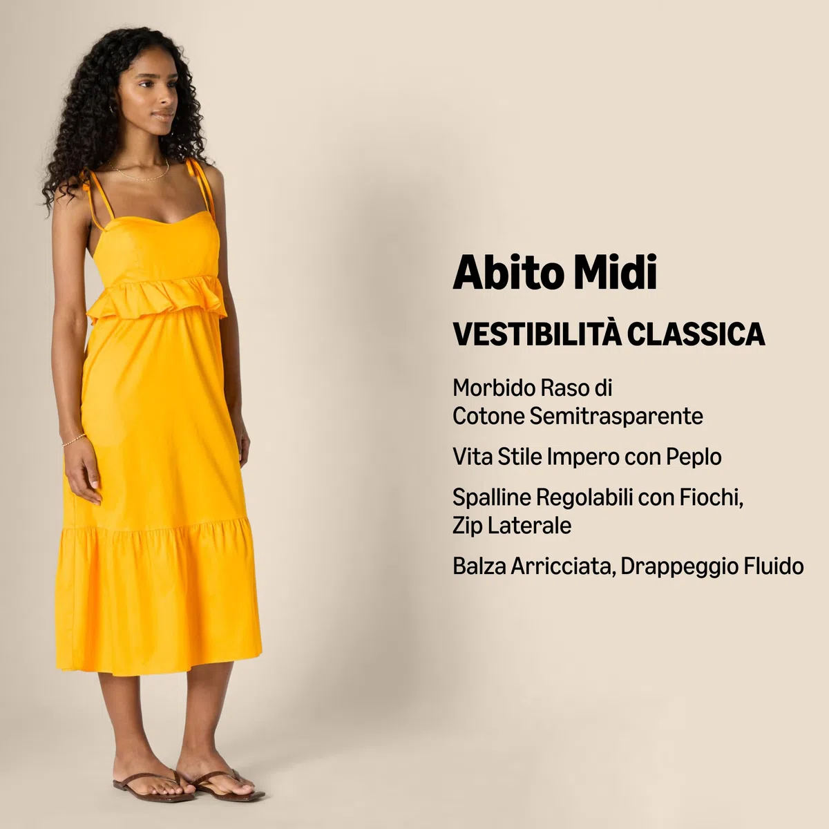 Amazon Essentials Donna Abito Midi a Trapezio con Volant in Raso di Cotone Vita Impero
