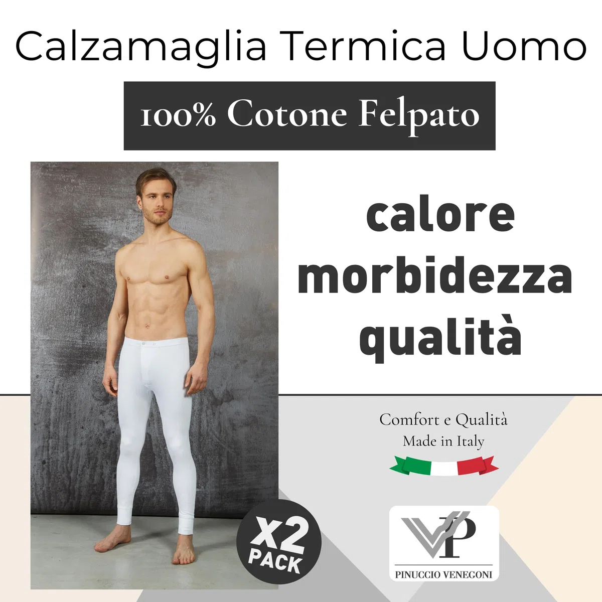 VP PINUCCIO VENEGONI - Mutande Lunghe Uomo Bianche Pacco da 2 | Calzamaglia Uomo Invernale in Caldo Cotone Felpato Morbida E Traspirante, vestibilità Perfetta - S/XXL
