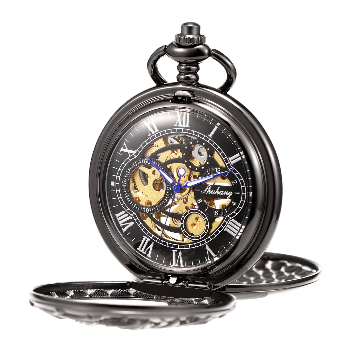 TREEWETO Orologio da tasca meccanico da uomo, con scheletro, drago e scheletro, con doppia apertura, argento/bronzo/nero, custodia da uomo
