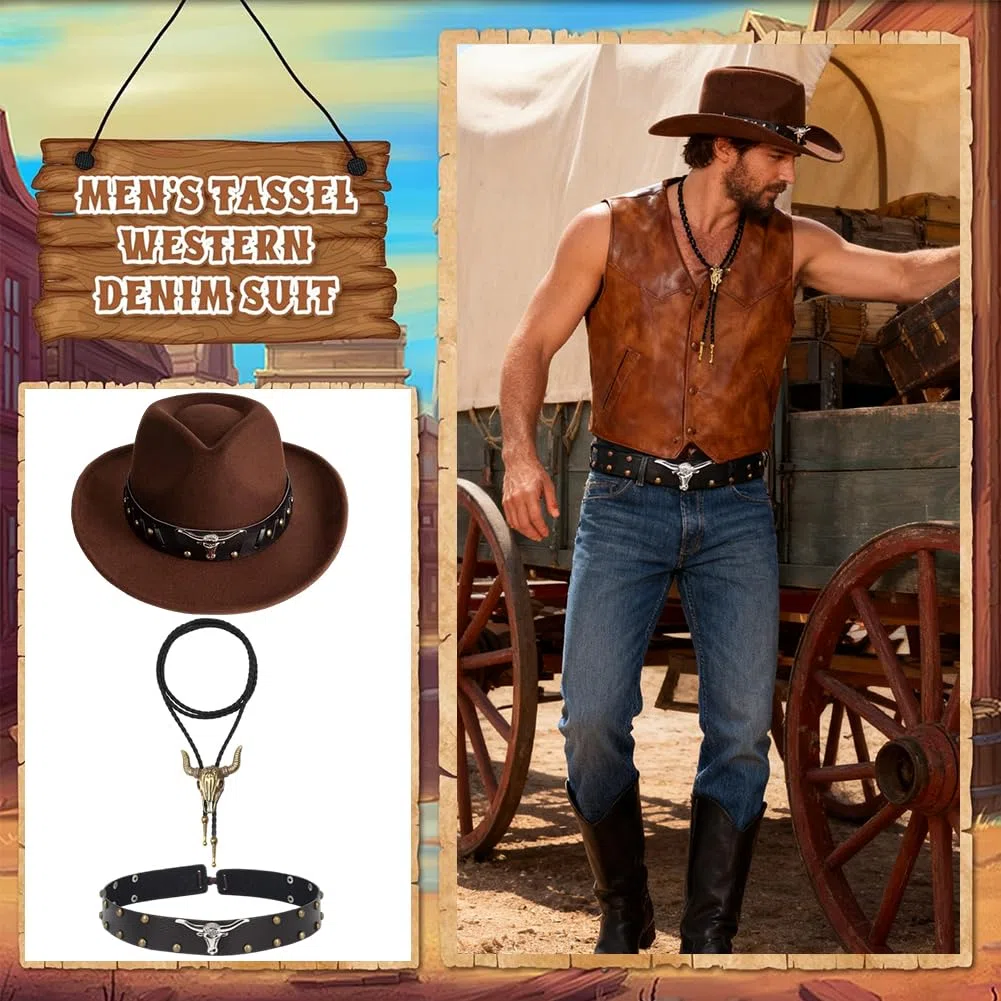 Cappello Da Cowboy Occidentale Nero, Cintura Da Cappello Da Cowboy Retro Regolabile, Bronzo Cravatte Da Cowboy In Pelle, Festa A Tema, Carnevale Di Halloween Regali Costumi