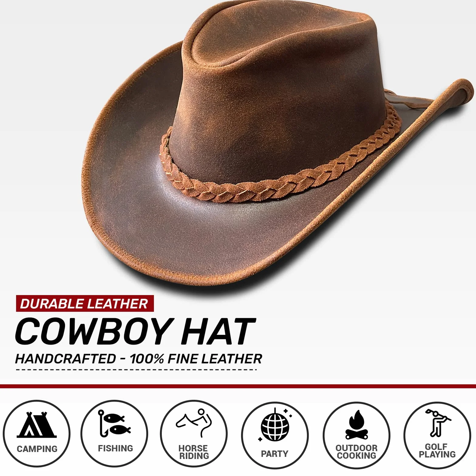 BRANDSLOCK Cowboy Cappello in Pelle Australiana, Fatto a Mano, Leggero e modellabile. Tesa Larga per, Ideale per Uomo, Donna, Feste, Costumi e Viaggi.
