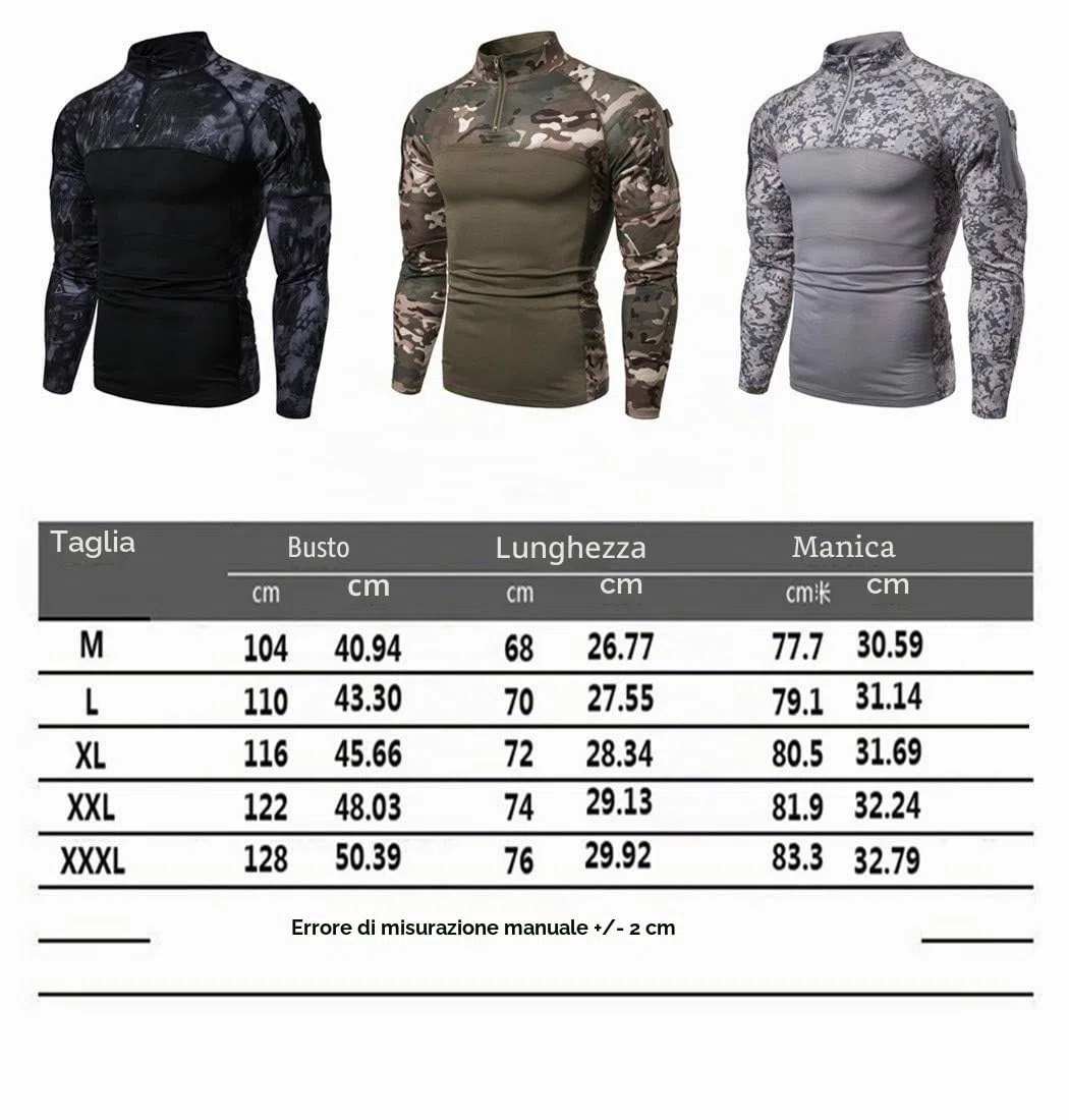 Camicia tattica a maniche lunghe da uomo con zip 1/4 camicia da combattimento stile militare con tasche Airsoft Top abbigliamento esterno per la caccia campeggio escursionismo