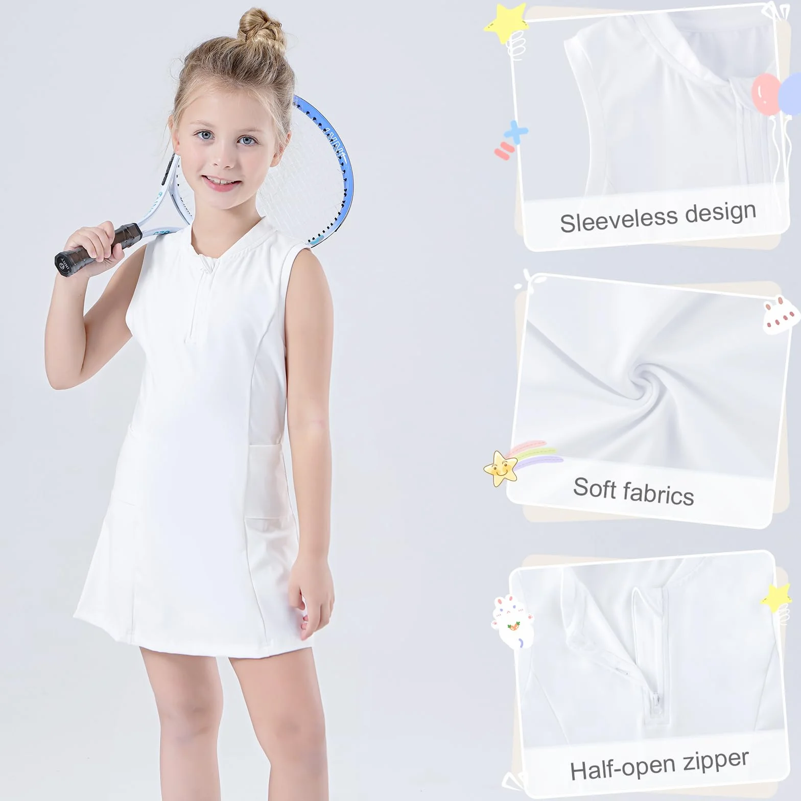 Bezioner Vestito Tennis Ragazze Abito Golf Cerniera Abito Sportivi con Pantaloncini e 4 Tasche Abbigliamento da Padel Bambini