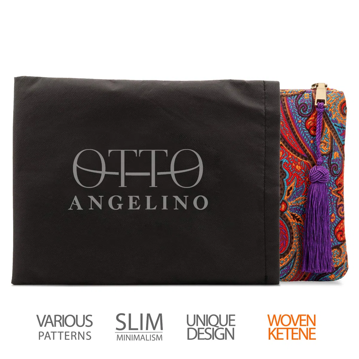 Otto Angelino Pochette di Design da Donna in tessuto con Nappina sulla Zip - Perfetta per organizzare la borsa, per trucchi, chiavi, specchietto e carte di credito, come pochette per la sera