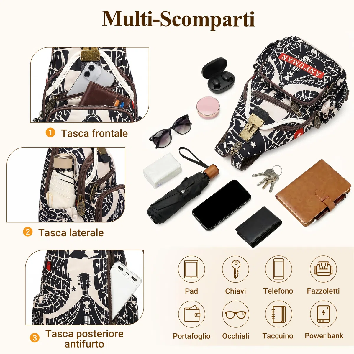Retrò Zaino Piccolo Donna Quotidiano Casuale Antifurto Moda Borsa Da Petto Viaggi Lavoro Shopping Borse A Tracolla Stampato Messenger Borsa A Spalla Nylon Zaini Borsetta Nero B