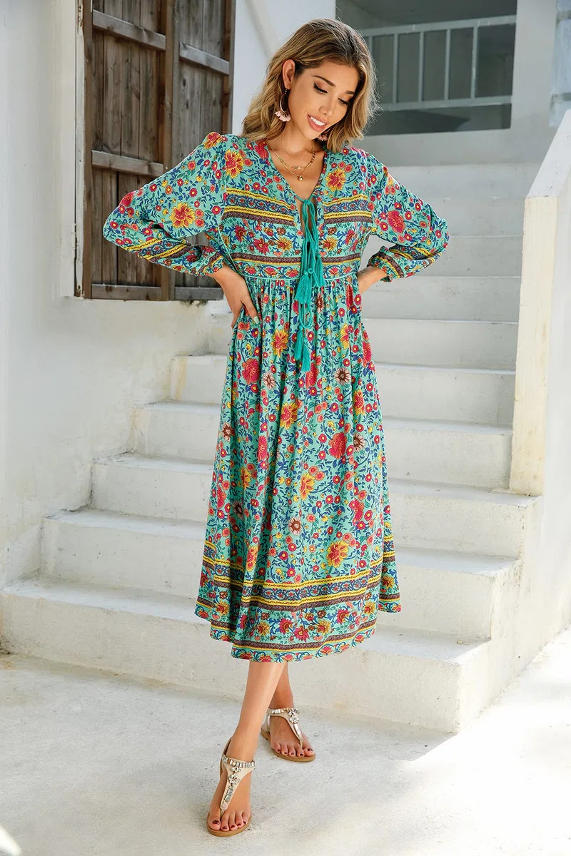 R.Vivimos Donne Eleganti Casual Bohemian Print Neck Tie Maniche Lunghe Abito da Spiaggia Lungo Midi Vestito Vacanze