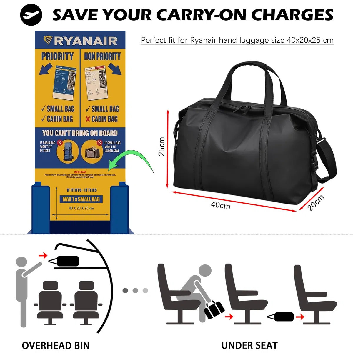 Bagaglio a Mano 40x20x25 Borsa da cabina Ryanair, Borsa da Viaggio in Pelle PU con Tracolla