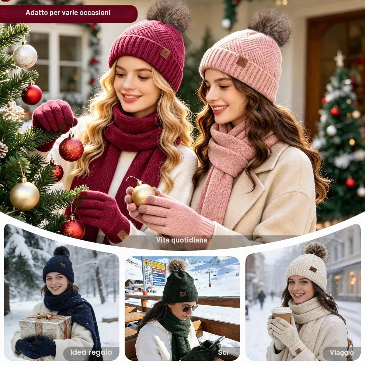 Bequemer Laden Donna Invernali Cappello Berretto con PON PON Lunga Sciarpa Sciarpe Touch Screen Guanti Set con Fodera in Pile, Regalo Donna