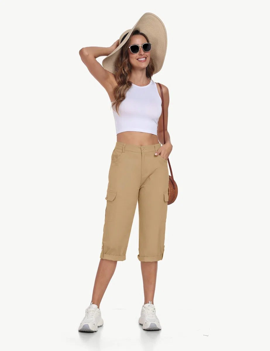 MoFiz Pantaloni Trekking Cargo Donna Cotone Estivi Pantaloni Montagna Shorts Sportivo Leggero Escursionismo con Tasche