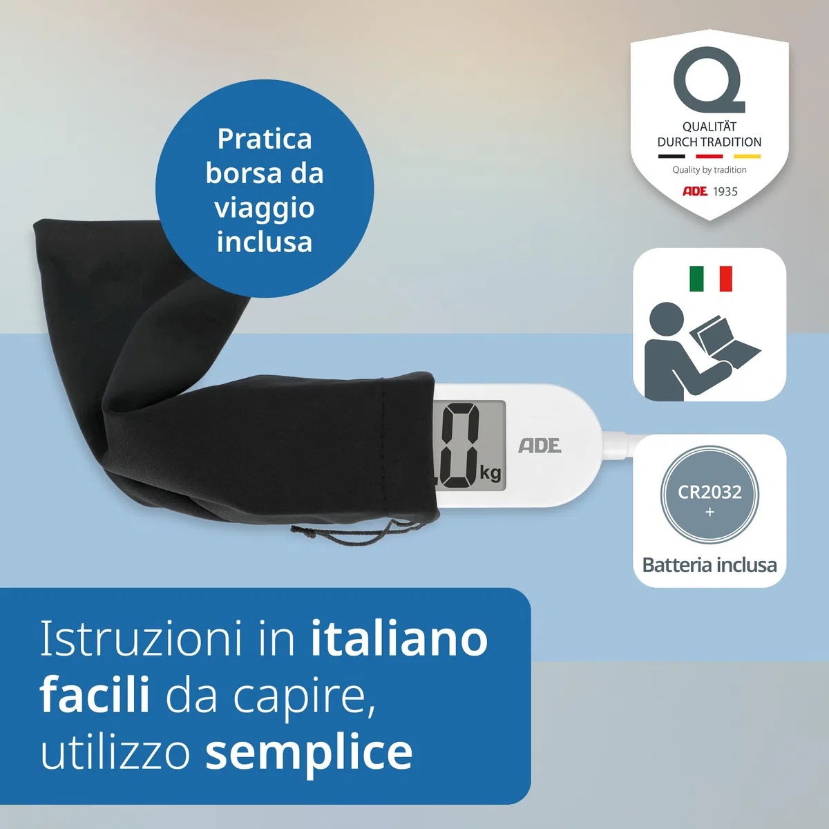 ADE Bilancia da viaggio pieghevole | Bilancia pesapersone digitale con portata di 180 kg in incrementi di 100 g | Bilancia corpo precisa con display LCD