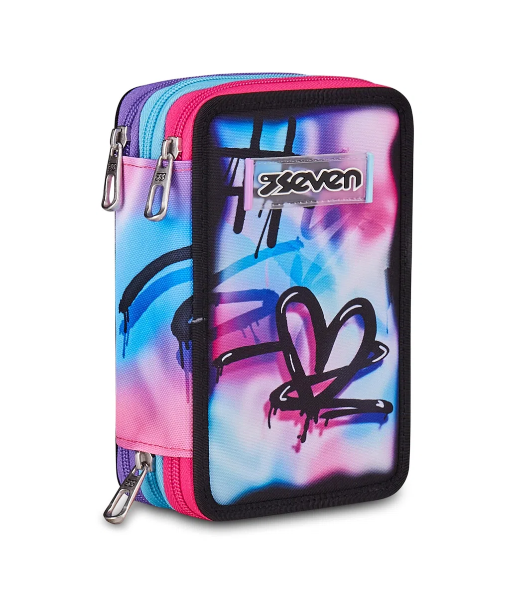 Seven Astuccio Scuola Elementare, 3 scomparti, Medie, con Matite, Pennarelli, Penne, 3 Zip, Purple Flare, Bambina e Ragazza, rosa/nero