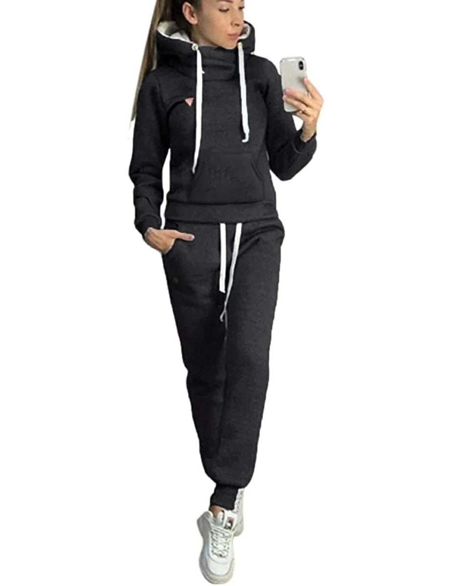 Tuta Donna Sportiva Completa Felpa Cappuccio Collo Alto & Pantaloni 2 Pezzi Completo Sportivo Autunno Inverno