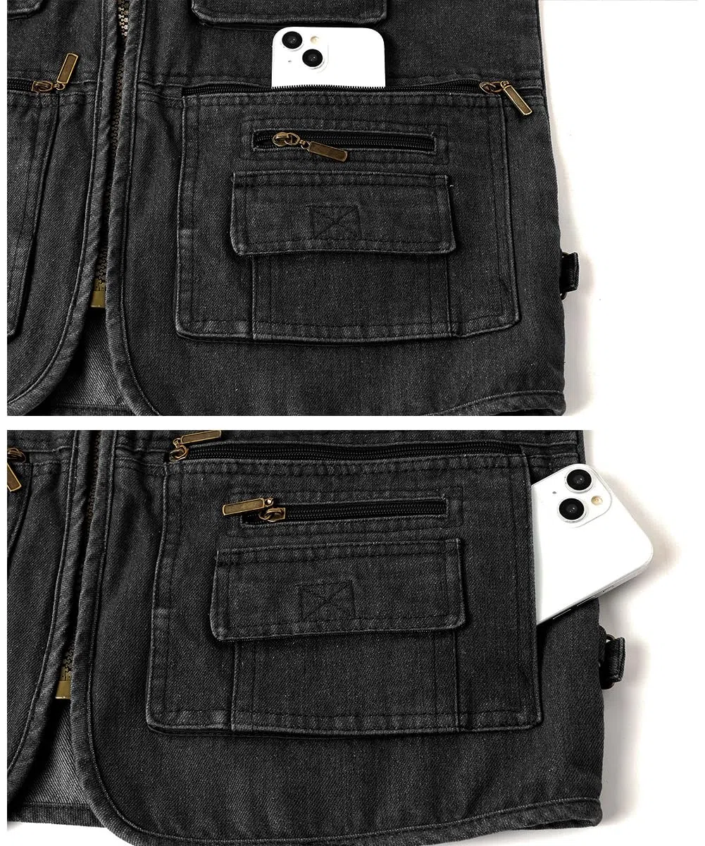 Gilet di Jeans da Uomo Multi-Tasca Gilet Moto Giacca Denim Vintage Smanicato Jeans Giubbino da Lavoro con Cerniera