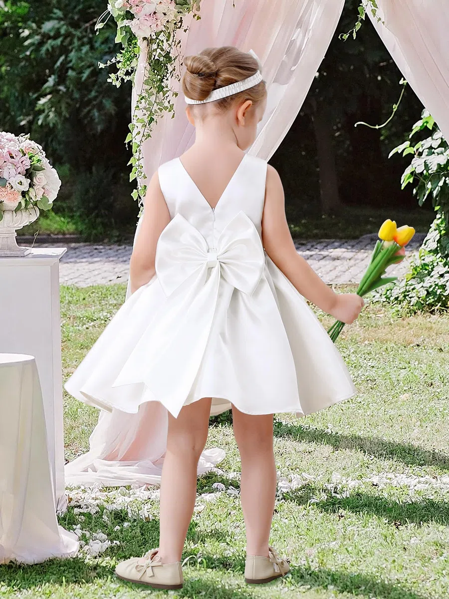Miipat Abitini per Bambina Raso Abito da Fiorella Matrimonio, Nodo a Fiocco Schiena a V Principessa Formale Vestito Compleanno Abiti Bambine Abito da Battesimo per Ragazze 6 Mesi-4 Anni