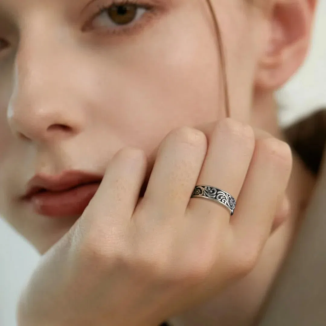 Anello da Uomo in Argento Sterling 925 con Turchese Naturale di Modello di Erba Anello per Moda Retrò Misura Regolabile