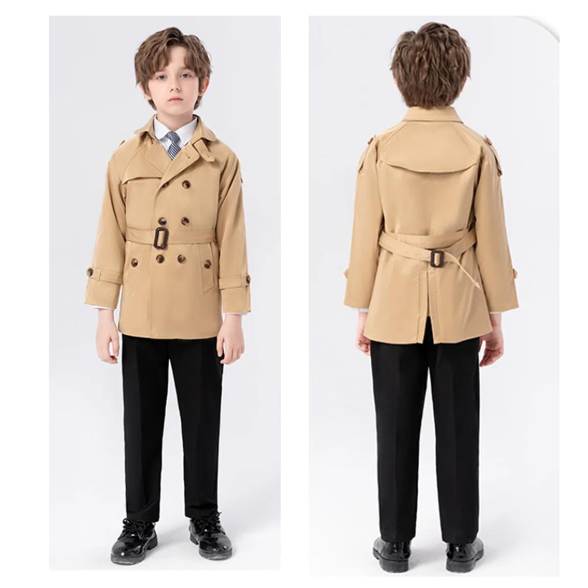 Giacca a Vento da Bambino Bambina Ragazzo Doppio Petto Elegante Trench Cappotto con Cintura 2-10 Anni