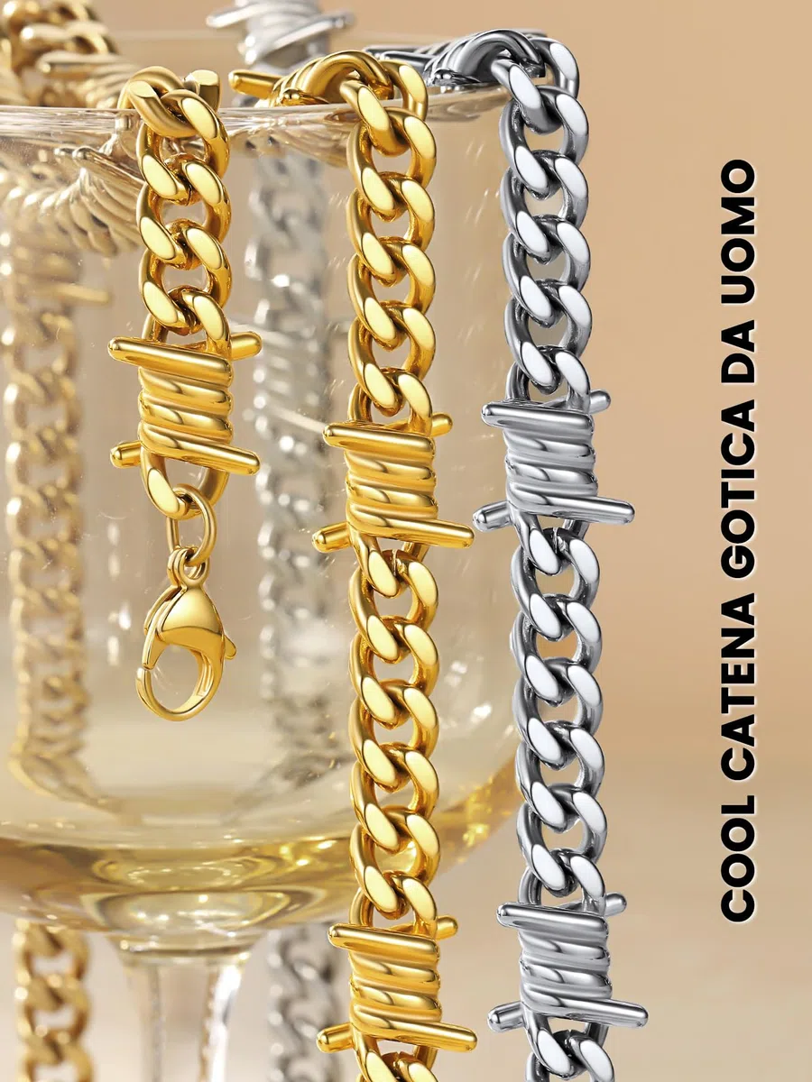 Bestyle Collana da uomo in filo spinato catena a maglia barbazzale spine in acciaio inox Hip-Hop Punk gotico gioielli cubani catena di estensione da uomo