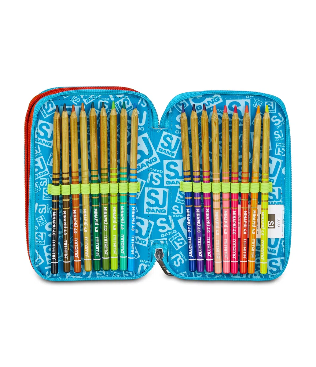 SJ GANG STYLE JAM GANG Astuccio Scuola 3 Zip, Blu, Portapenne Triplo Scomparto Completo Di Penne, Matite, Colori, Accessori Zaino, Scuole Elementari, Bambino